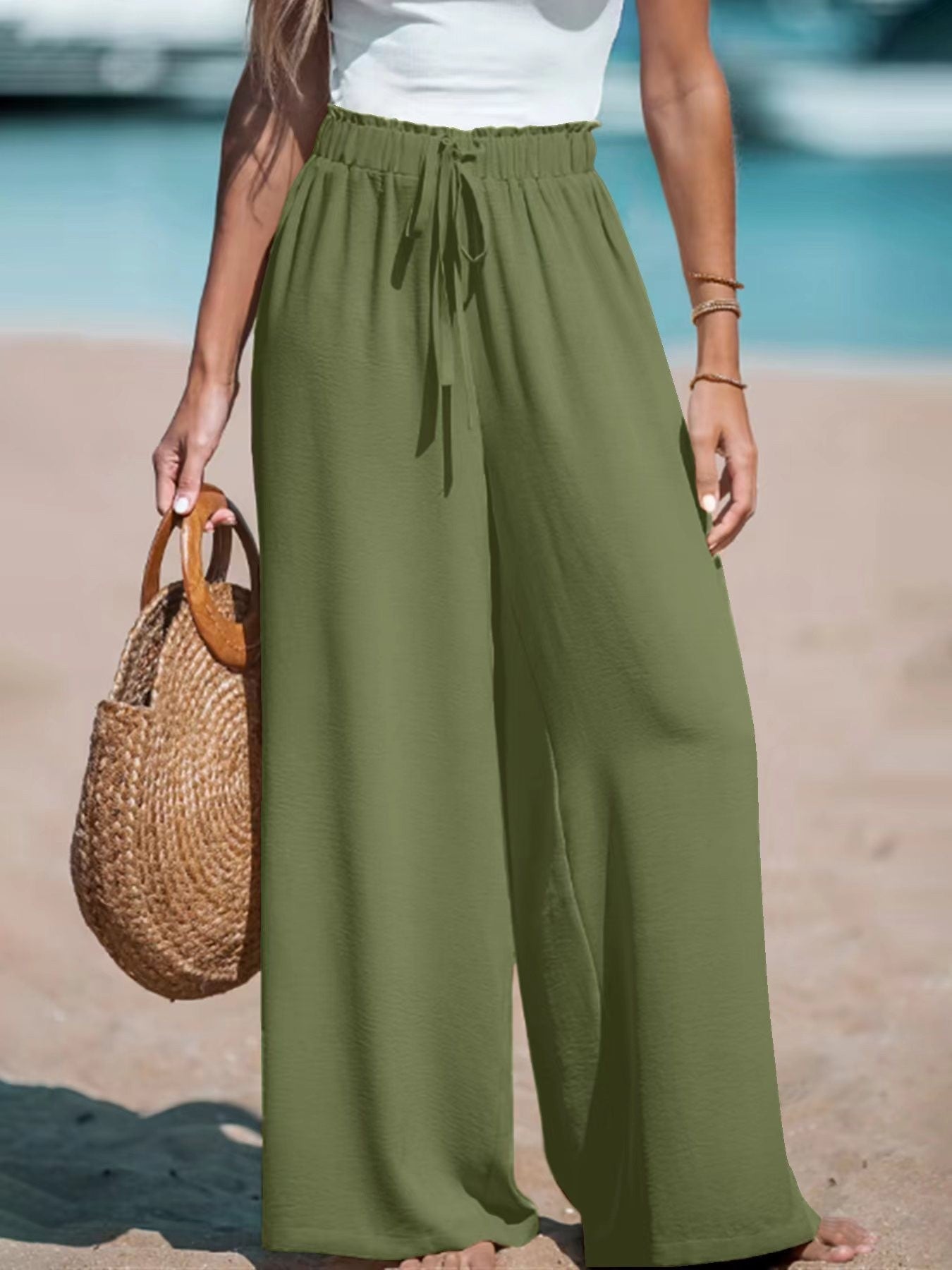 Pantalones anchos casuales sueltos con cordón falso de moda para mujer