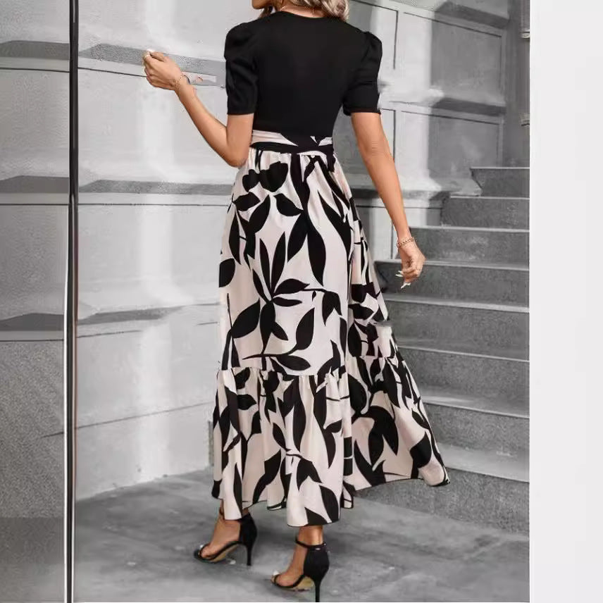 Vestido elegante de cuello redondo con estampado floral estilo vacaciones exóticas