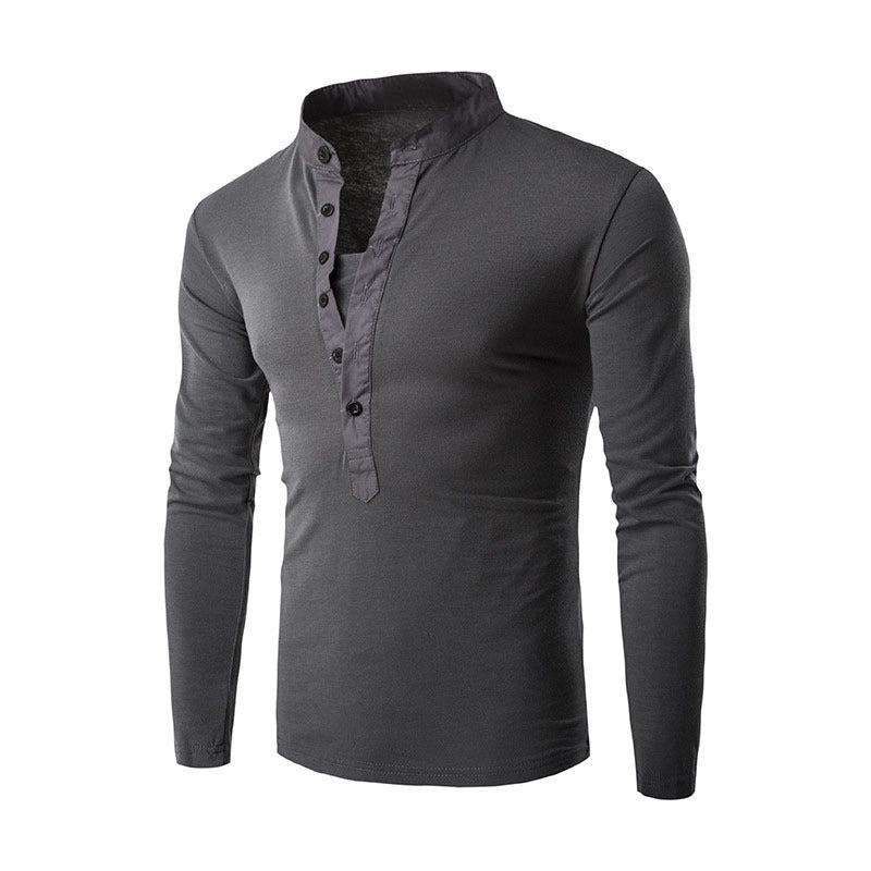 Camiseta informal de manga larga, cuello alto y tapeta de botones
