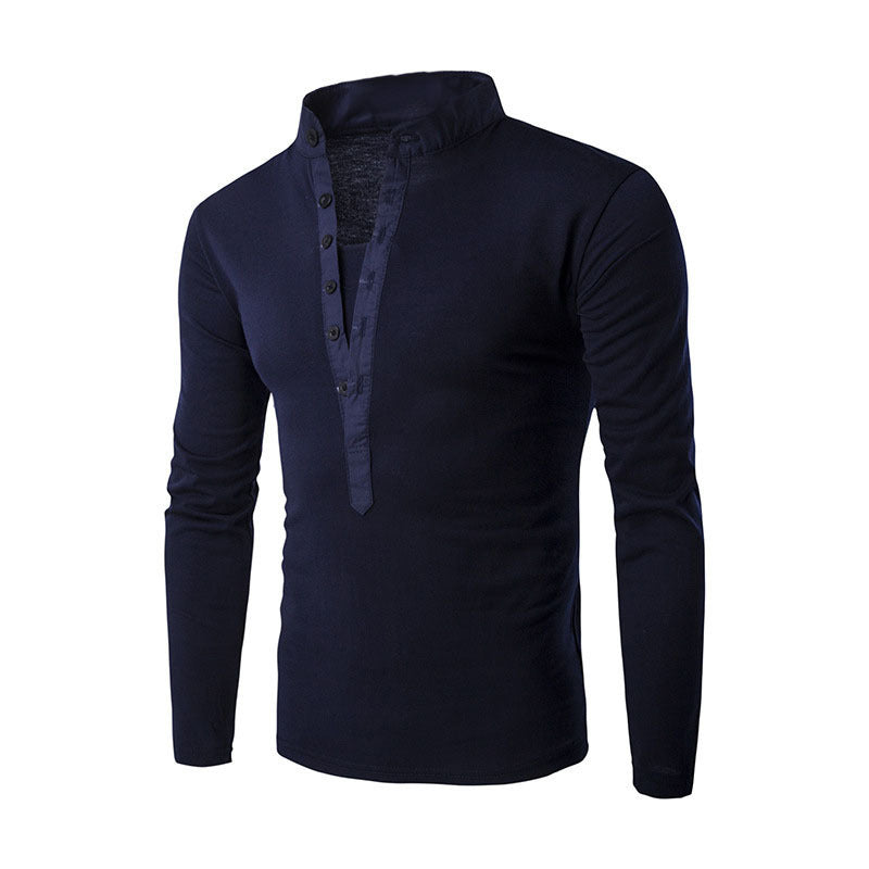 Camiseta informal de manga larga, cuello alto y tapeta de botones