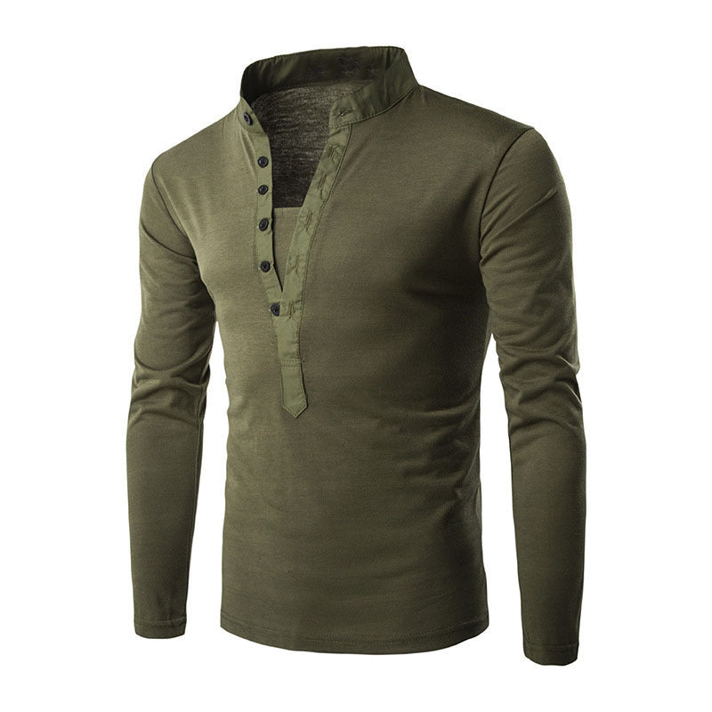 Camiseta informal de manga larga, cuello alto y tapeta de botones