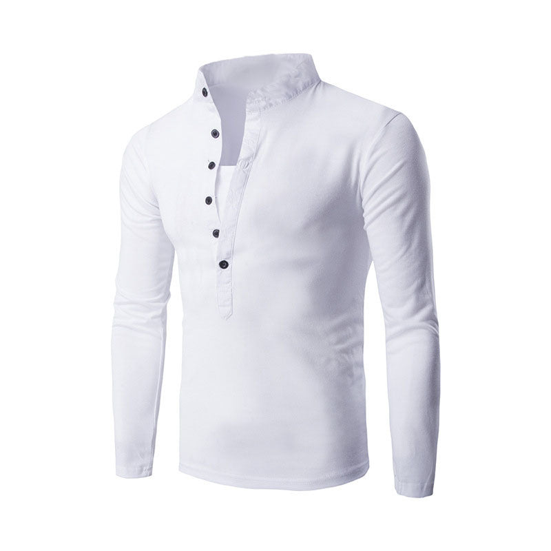 Camiseta informal de manga larga, cuello alto y tapeta de botones
