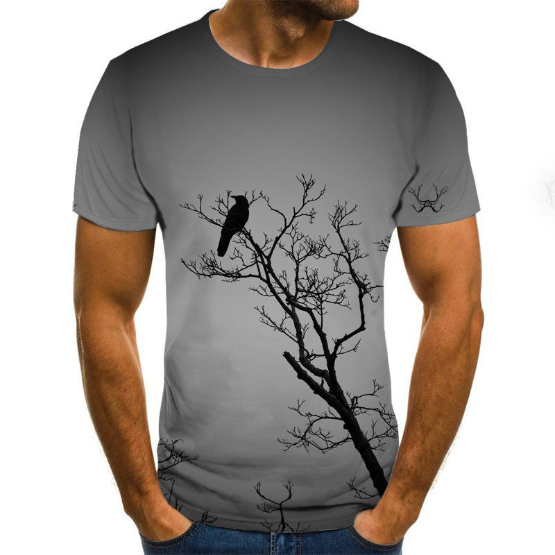 Camiseta informal de manga corta para hombre con estampado digital 3D de pƔjaro solitario y diseƱo suelto
