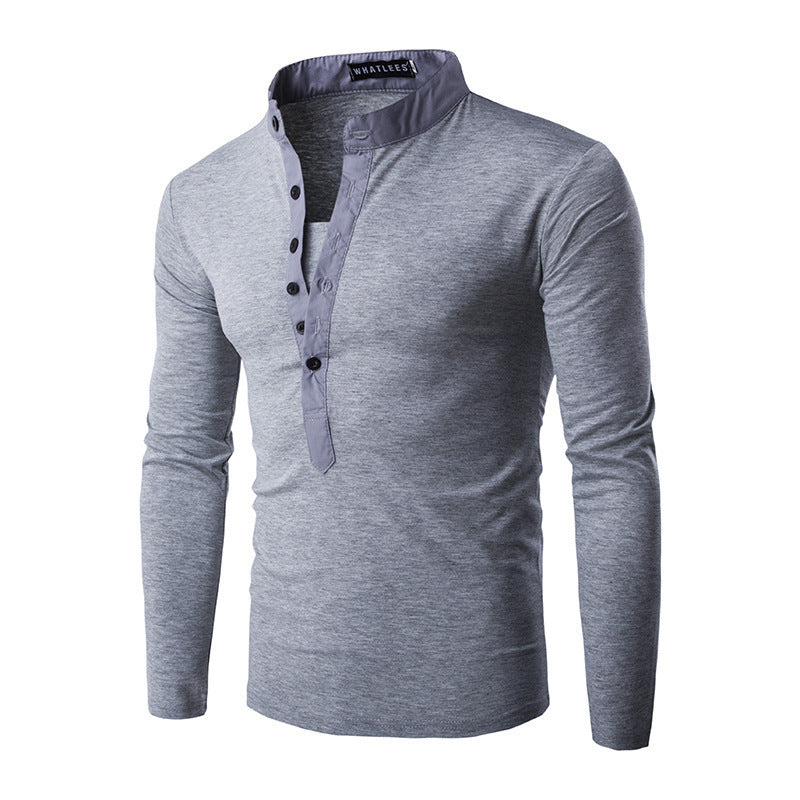 Camiseta informal de manga larga, cuello alto y tapeta de botones