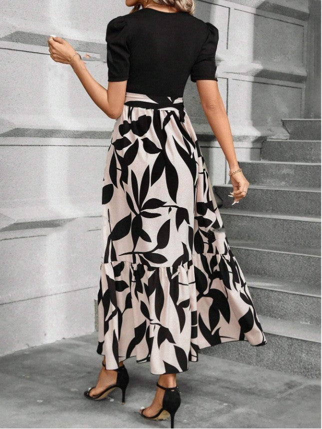 Vestido elegante de cuello redondo con estampado floral estilo vacaciones exóticas