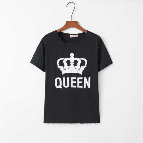 Camisetas negras con estampado de letras King Queen, camisetas casuales de algodón de manga corta de verano, camisetas holgadas de marca para parejas
