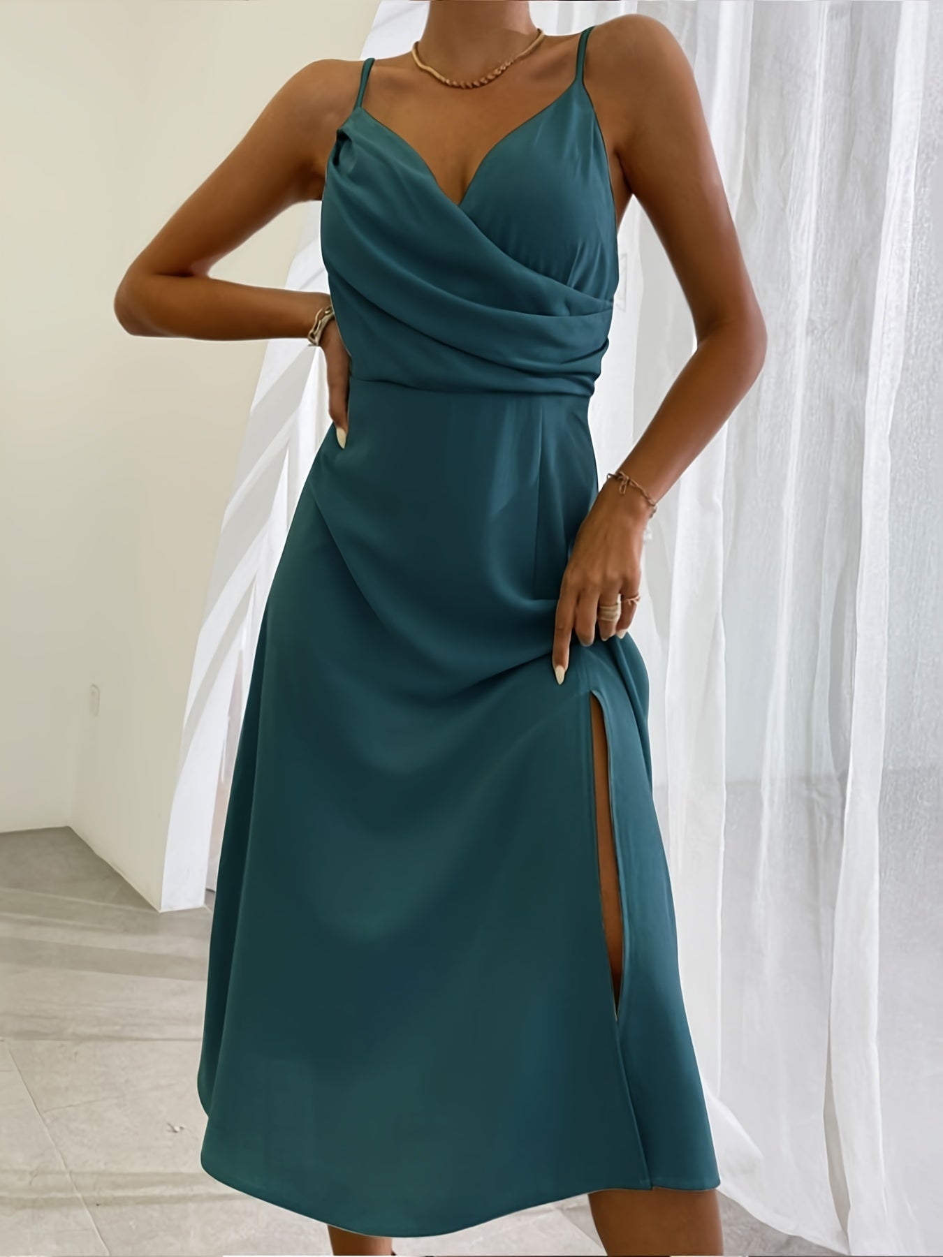 Vestido de verano con escote en V y abertura, sexy, ajustado, con tirantes, para mujer