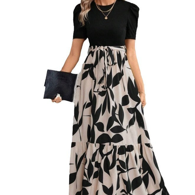 Vestido elegante de cuello redondo con estampado floral estilo vacaciones exóticas