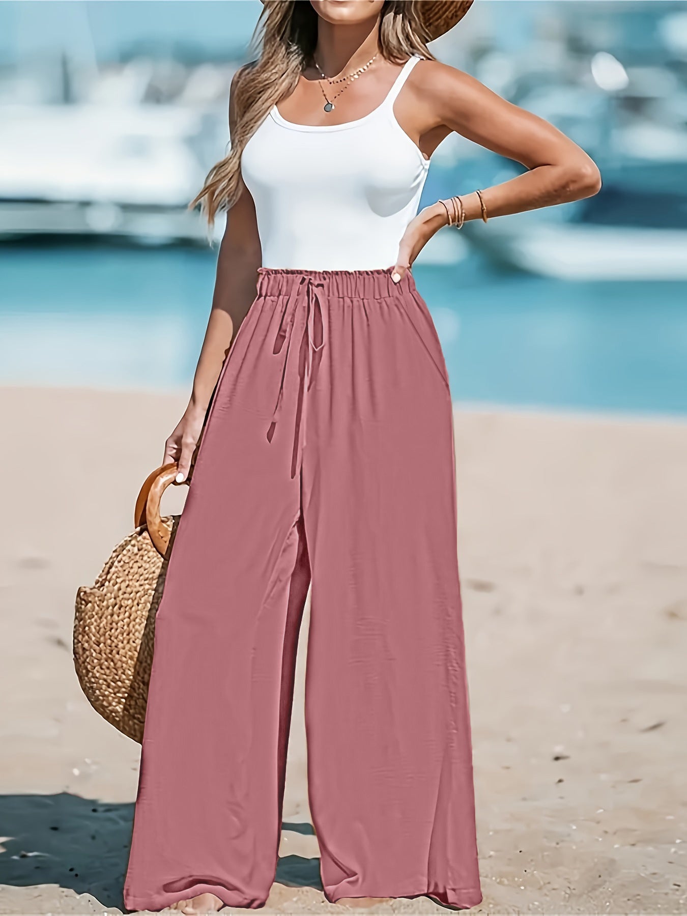 Pantalones anchos casuales sueltos con cordón falso de moda para mujer