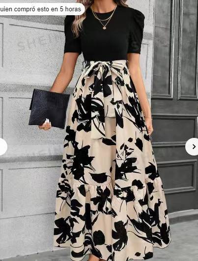 Vestido elegante de cuello redondo con estampado floral estilo vacaciones exóticas