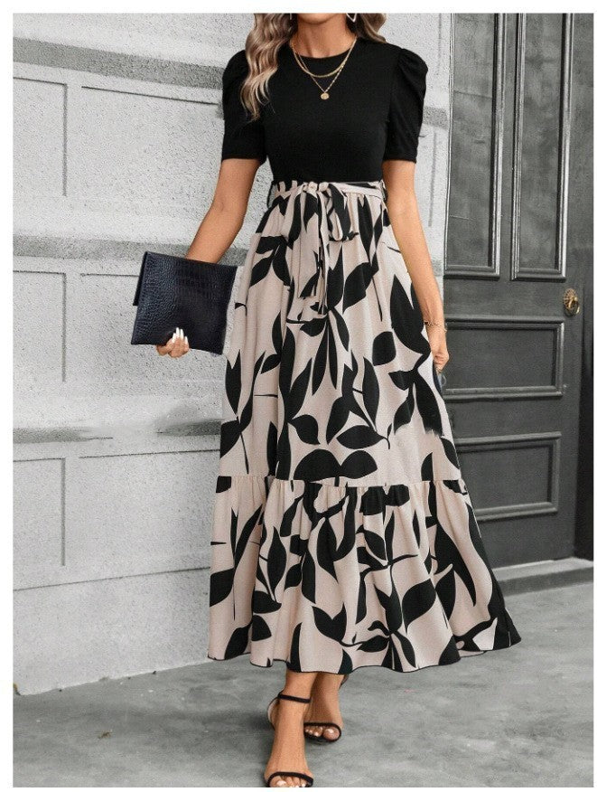 Vestido elegante de cuello redondo con estampado floral estilo vacaciones exóticas