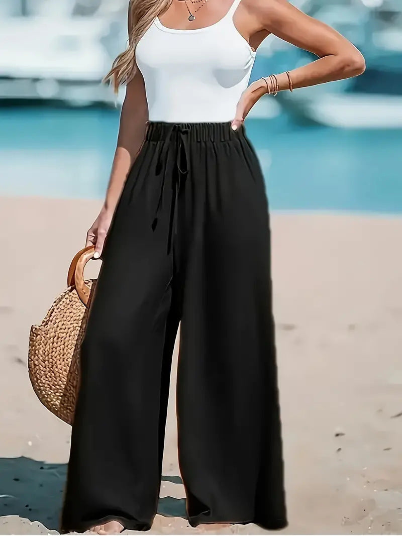 Pantalones anchos casuales sueltos con cordón falso de moda para mujer
