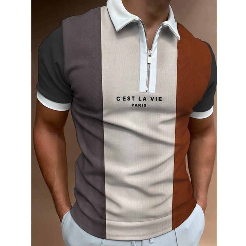 Camiseta POLO de hombre con estampado de rayas, manga corta y solapa