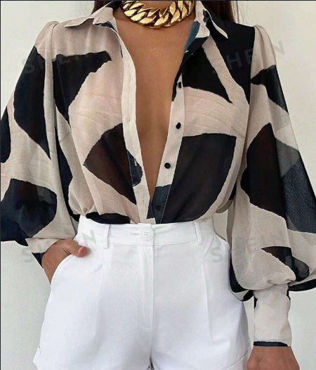 Blusa elegante holgada con estampado geométrico y mangas farol para mujer, primavera y verano