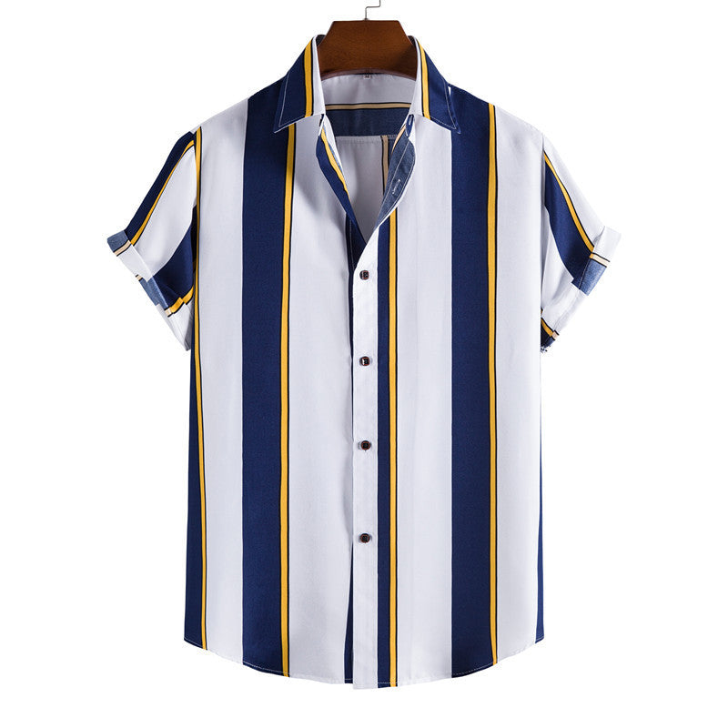 Camisa casual de manga corta sencilla para hombre con estampado de rayas