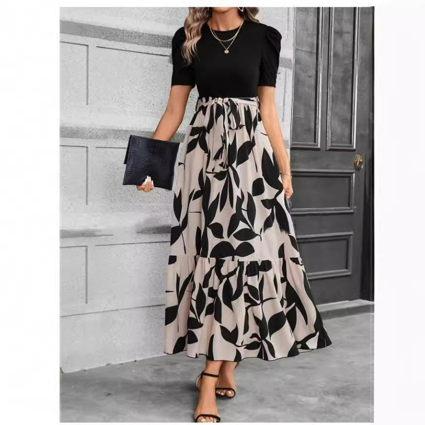 Vestido elegante de cuello redondo con estampado floral estilo vacaciones exóticas