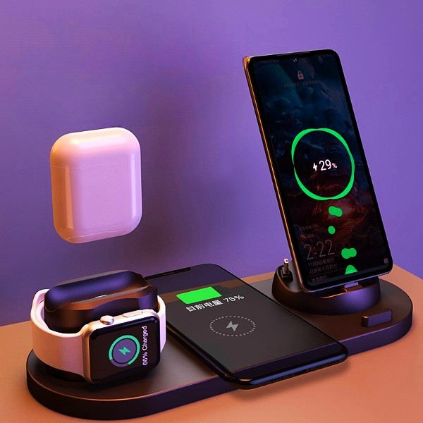 Cargador inalámbrico para teléfonos celulares, cargador rápido para teléfono, almohadilla de carga rápida para teléfono, reloj, estación de carga 6 en 1
