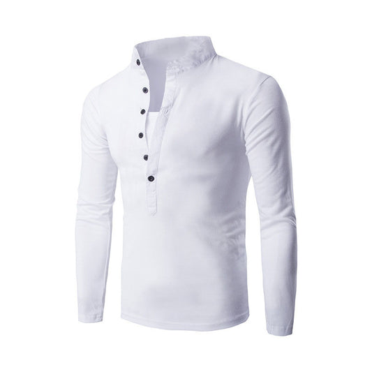 Camiseta informal de manga larga, cuello alto y tapeta de botones