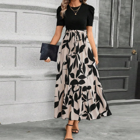 Vestido elegante de cuello redondo con estampado floral estilo vacaciones exóticas