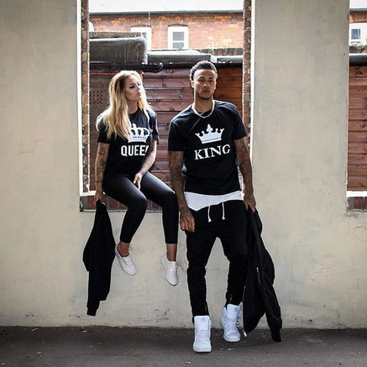 Camisetas negras con estampado de letras King Queen, camisetas casuales de algodón de manga corta de verano, camisetas holgadas de marca para parejas