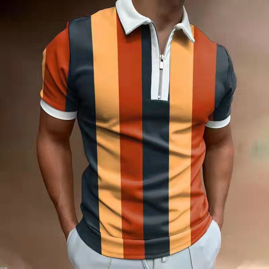 Camiseta POLO de hombre con estampado de rayas, manga corta y solapa
