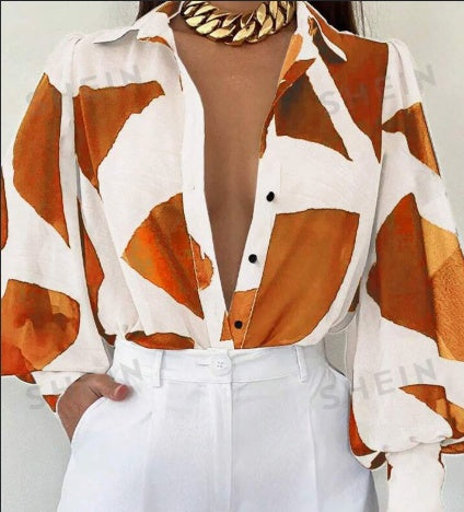 Blusa elegante holgada con estampado geométrico y mangas farol para mujer, primavera y verano