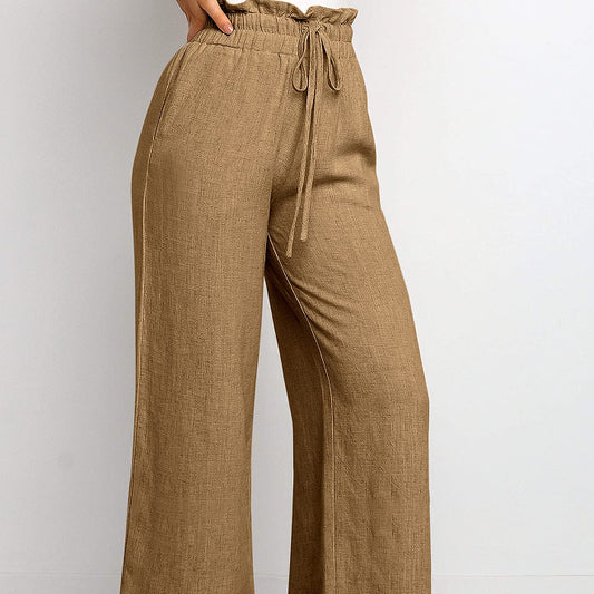 Pantalones anchos con cintura elástica y cordones, pantalones cortos de color liso