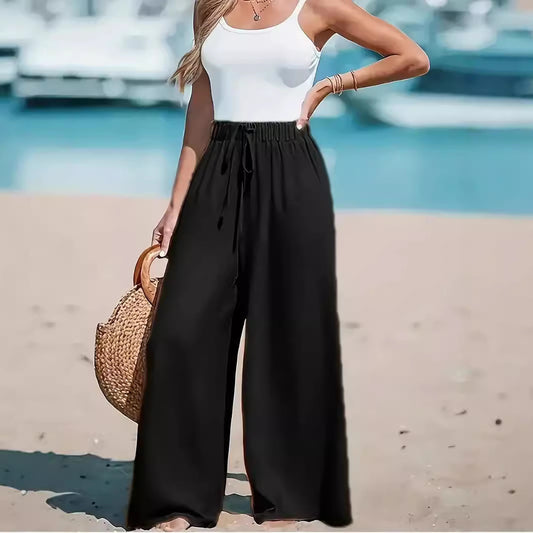 Pantalones anchos casuales sueltos con cordón falso de moda para mujer